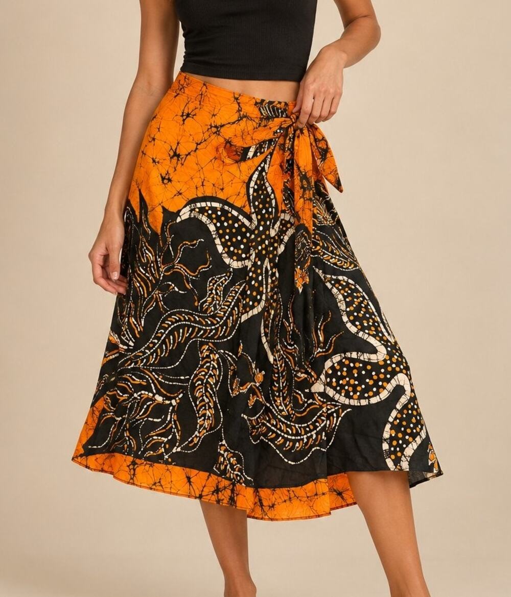 NWT Sri Lankan Handloom Batik Sarong Wrap Skirt OS Orange Tie Bohemian Artisan